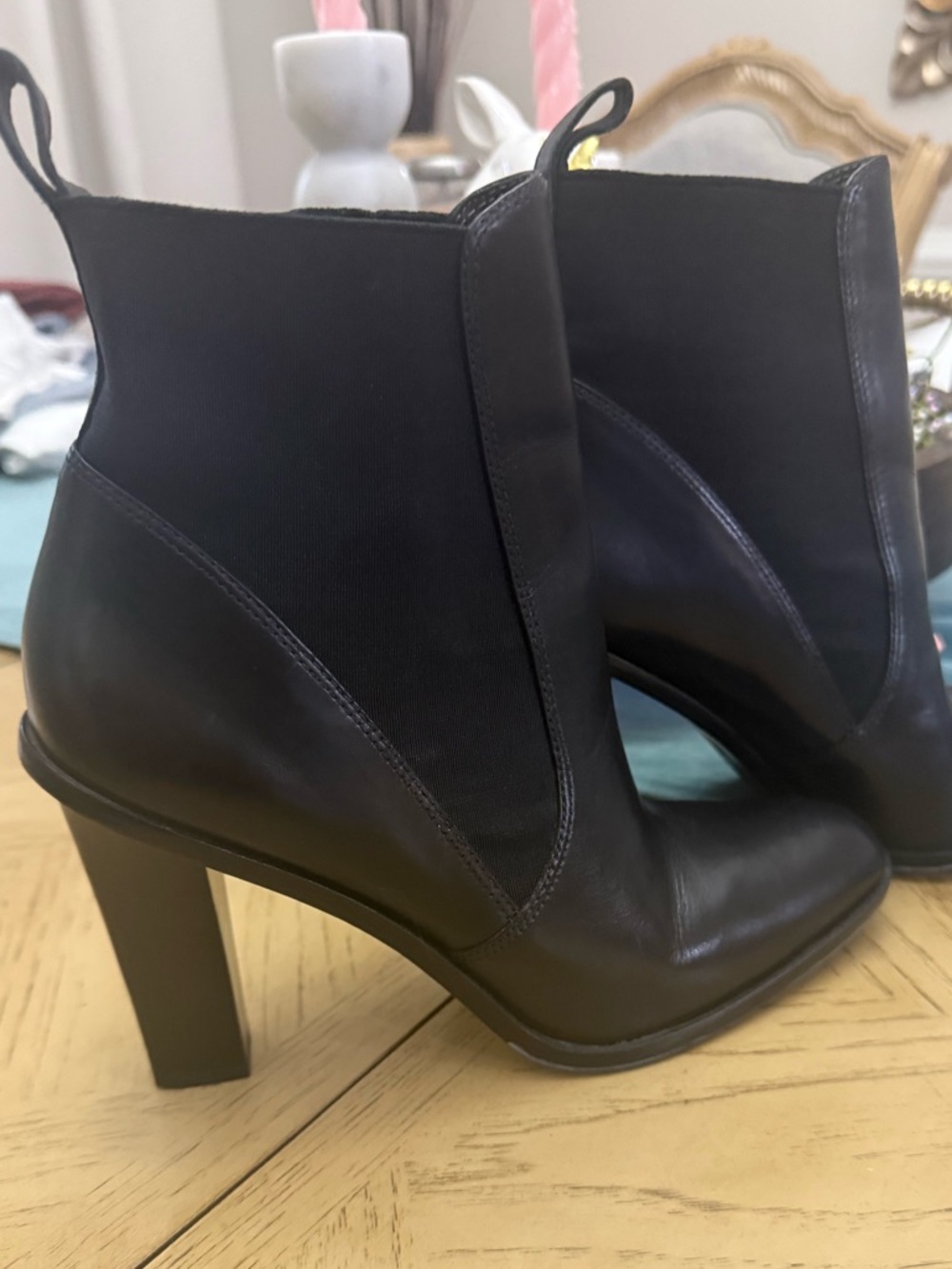 Black Leather Block Heel Ankle Boots - Women